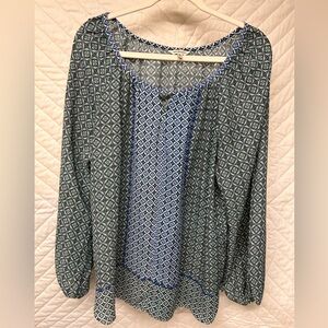 Maxx Studio Size XL Navy Blue Ditsy Floral Long Sleeve Peasant Blouse